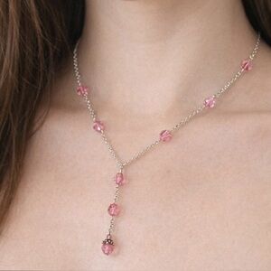925 Sterling Silver Chain Pink Swarovski Crystal Beaded Tassel Necklace NEW